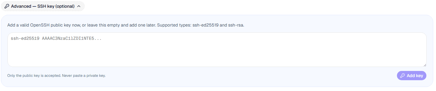 Advanced SSH key area with a field for an OpenSSH public key