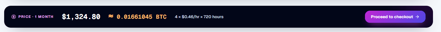 GPU rental price summary with USD and BTC estimates and a Proceed to checkout button