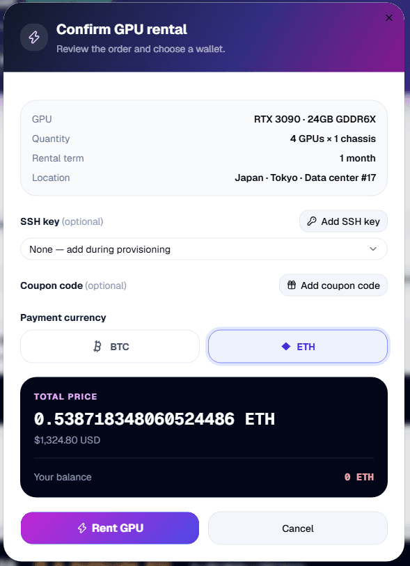 GPU rental confirmation window with ETH selected as payment currency