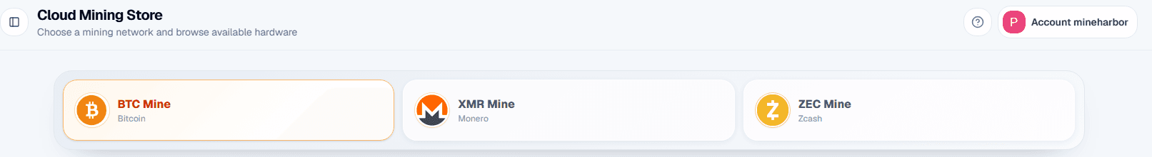 Cloud Mining Store tabs for BTC Mine, XMR Mine, and ZEC Mine