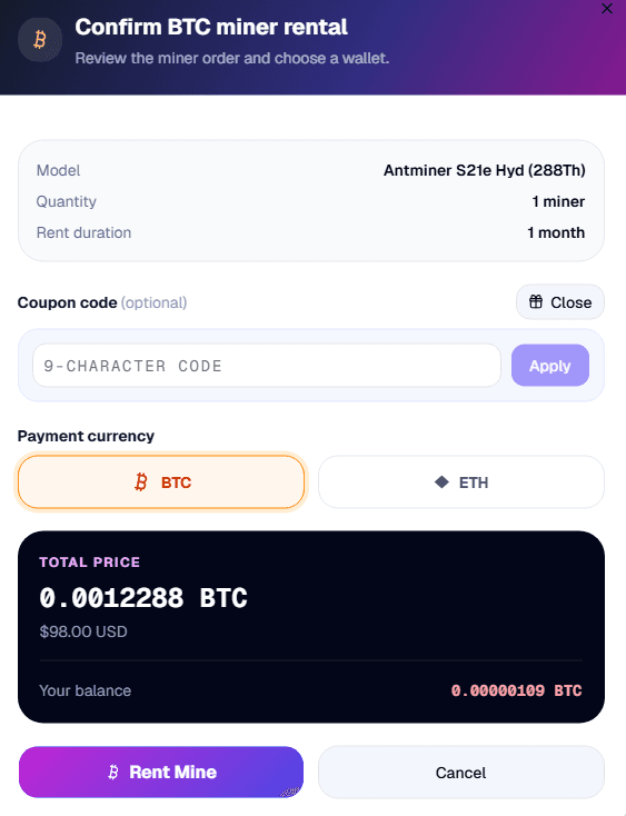Confirm BTC miner rental window with coupon, payment currency, total price, and wallet balance